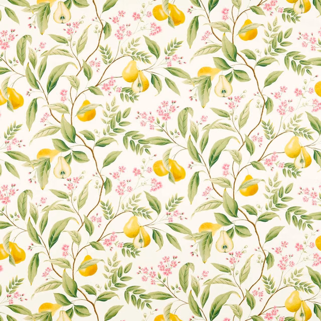 Cream botanical fabric with yellow pears, citrus, green leaves and pink blossom