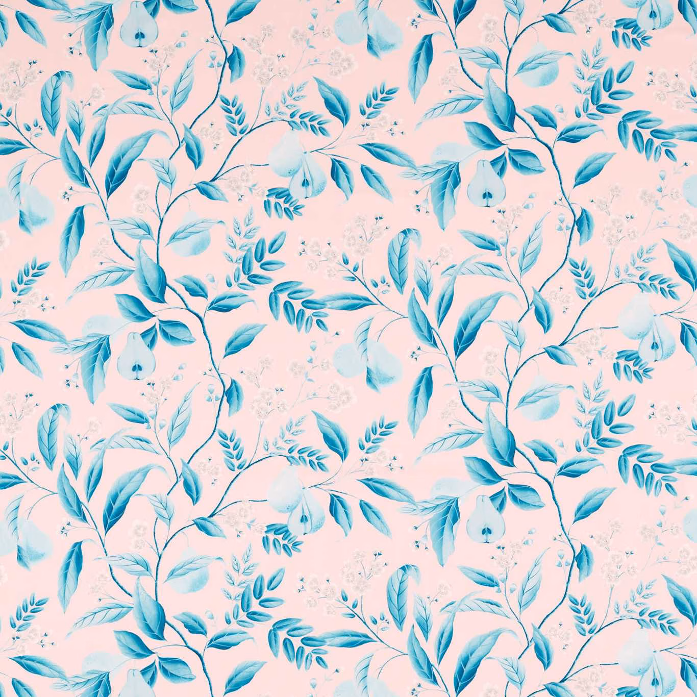 Blush pink fabric with lagoon-blue botanical stems, leaves and bell flowers
