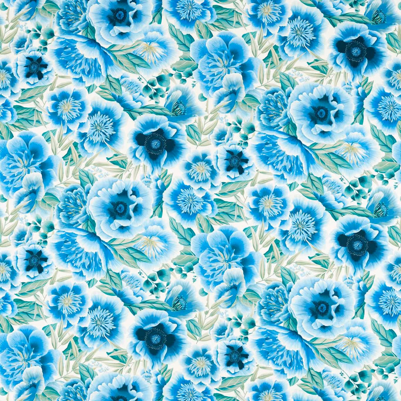 Dense turquoise and Delft blue floral fabric with leafy motifs on a porcelain ground