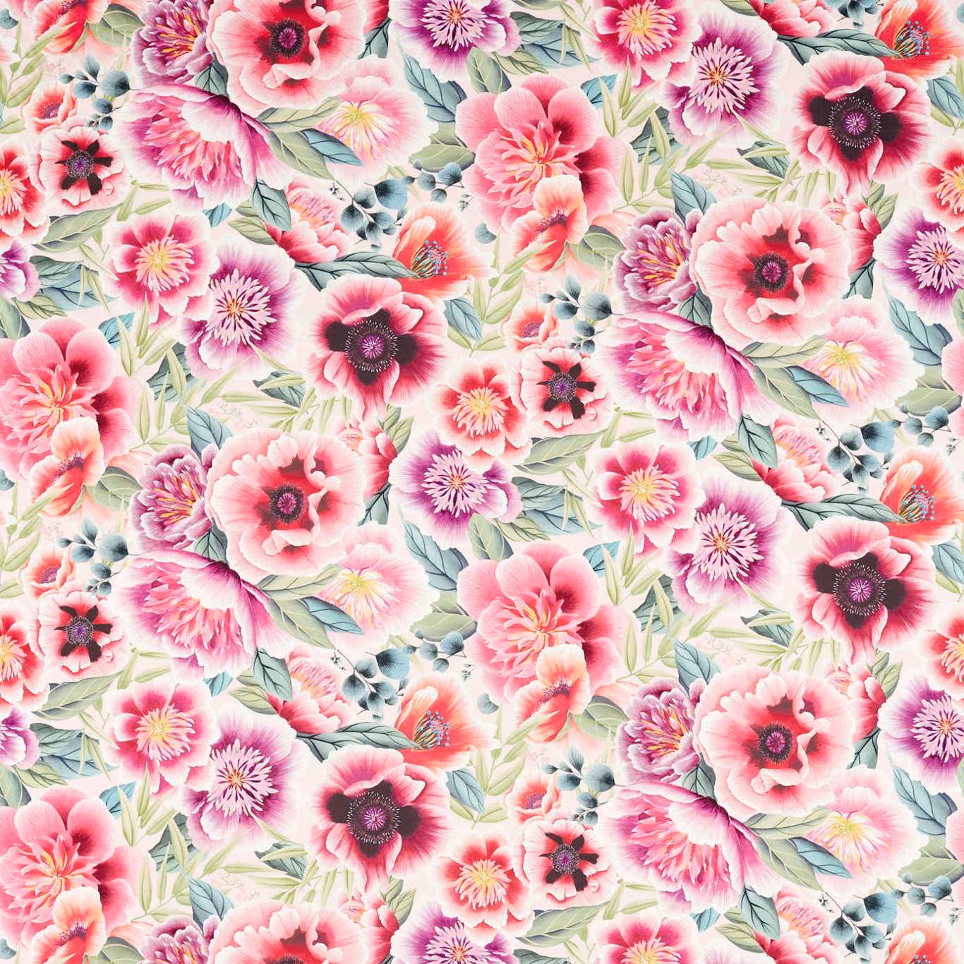 Powder pink floral fabric with magenta blooms, mint leaves and dark berry centres