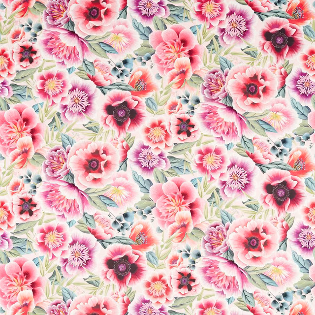 Powder pink floral fabric with magenta blooms, mint leaves and dark berry centres
