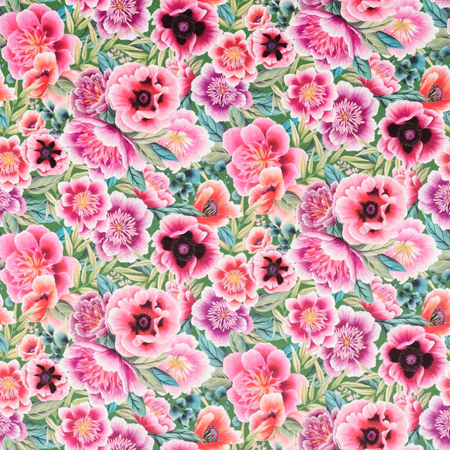Vivid pink and magenta floral velvet with apple-green leaves and mint foliage