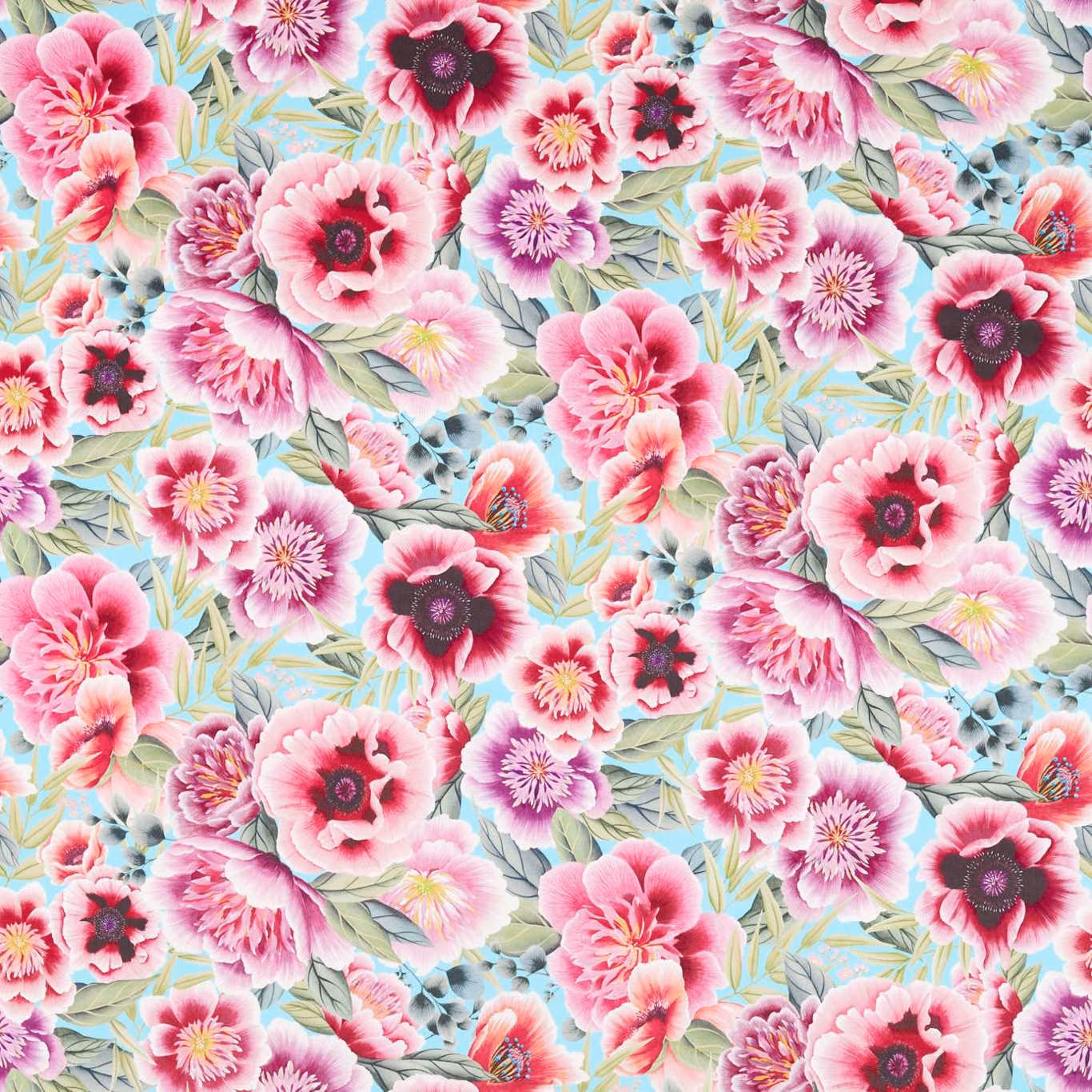 Aqua velvet covered in vivid pink, magenta and lilac peony-style flowers