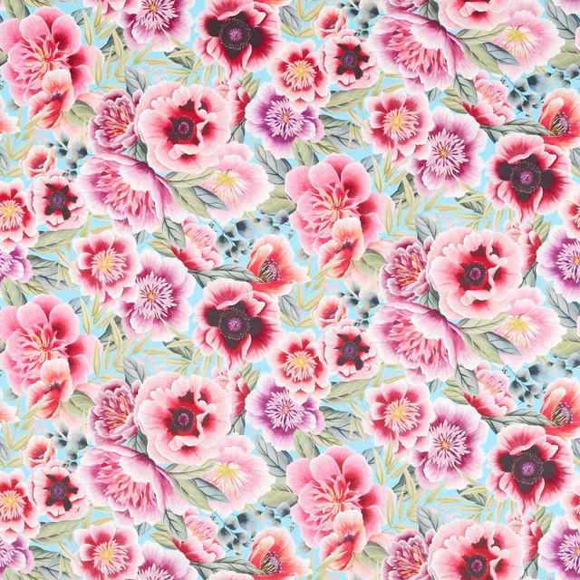 Aqua velvet covered in vivid pink, magenta and lilac peony-style flowers