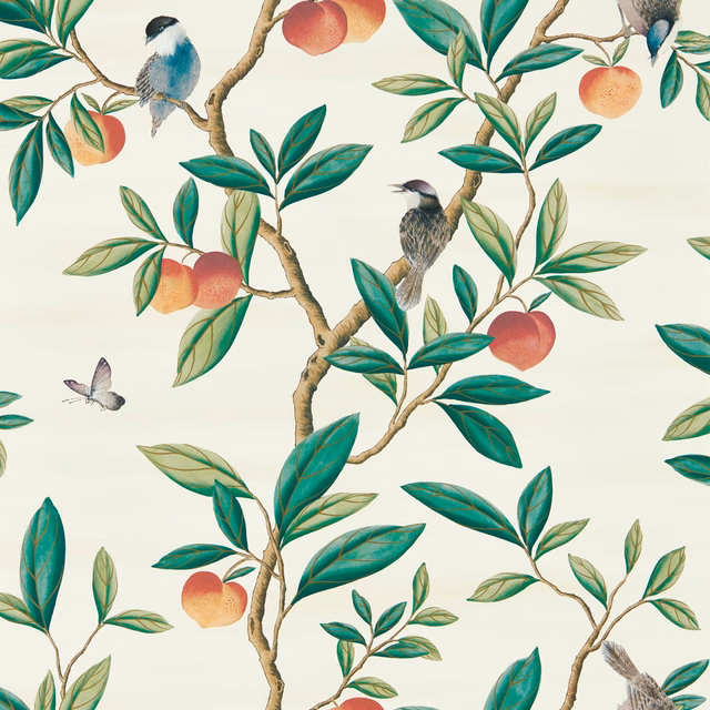 Cream botanical wallpaper with teal leaves, coral fruit, branches and illustrated birds