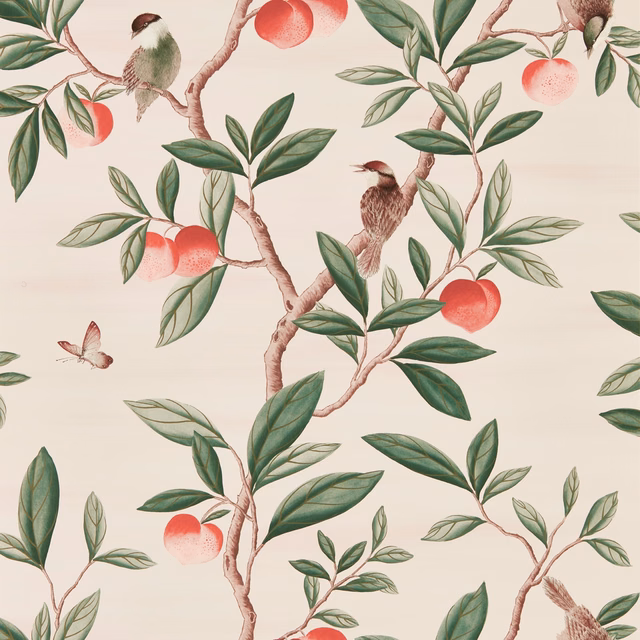 Powder wallpaper with sage branches, peach fruit, birds and fine botanical detail