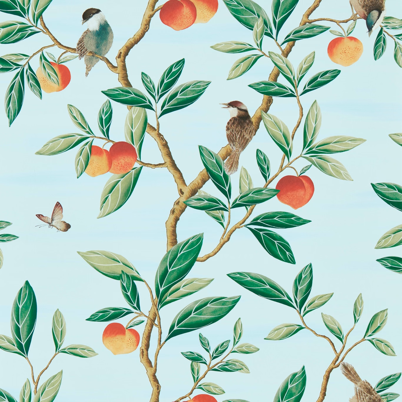 Pale sky-blue wallpaper with green leaves, nectarine fruit, birds and branching stems