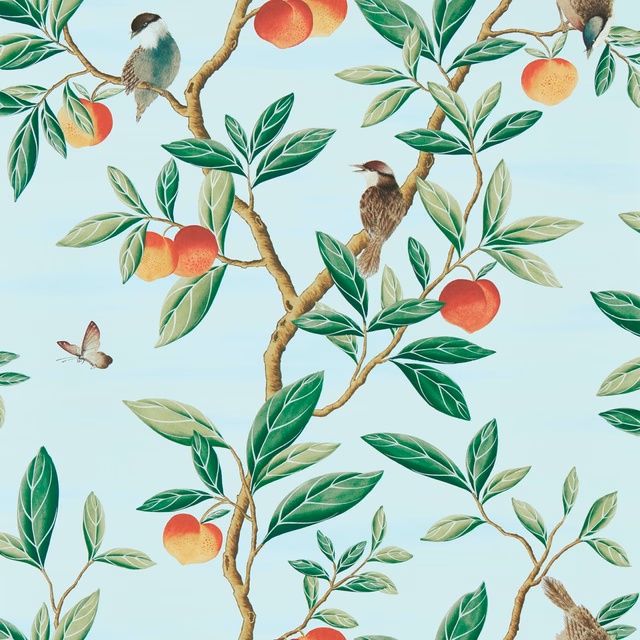 Pale sky-blue wallpaper with green leaves, nectarine fruit, birds and branching stems