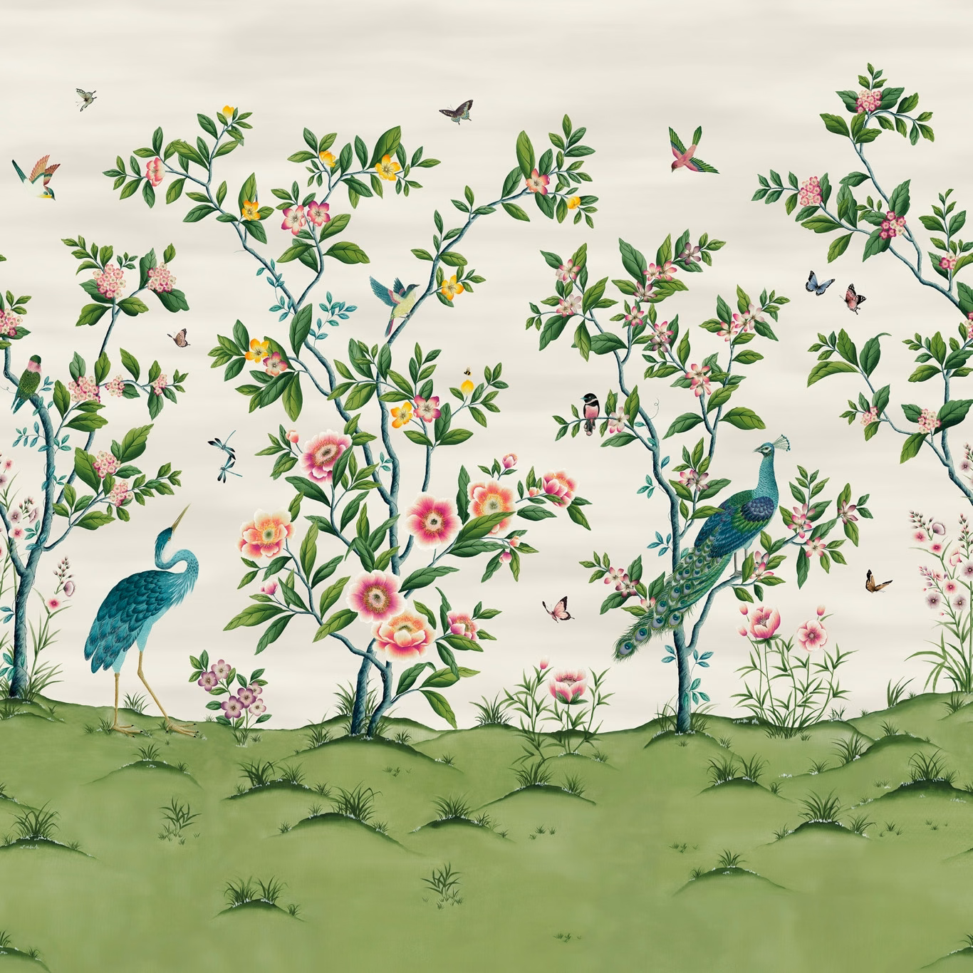Cream wallpaper with green meadow, teal peacocks, blossom branches and pink flowers