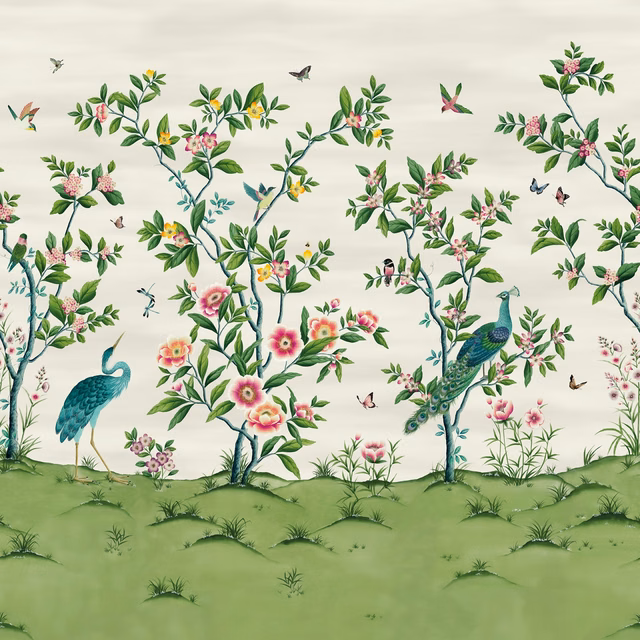 Cream wallpaper with green meadow, teal peacocks, blossom branches and pink flowers