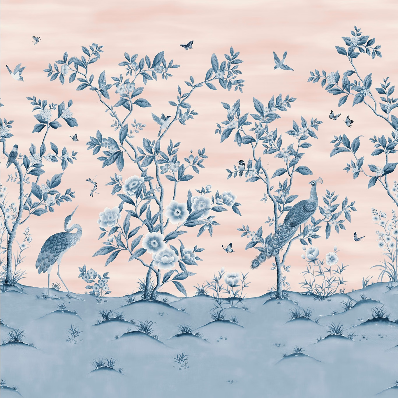 Powder pink chinoiserie wallpaper with blue cranes, peacocks and flowering branches