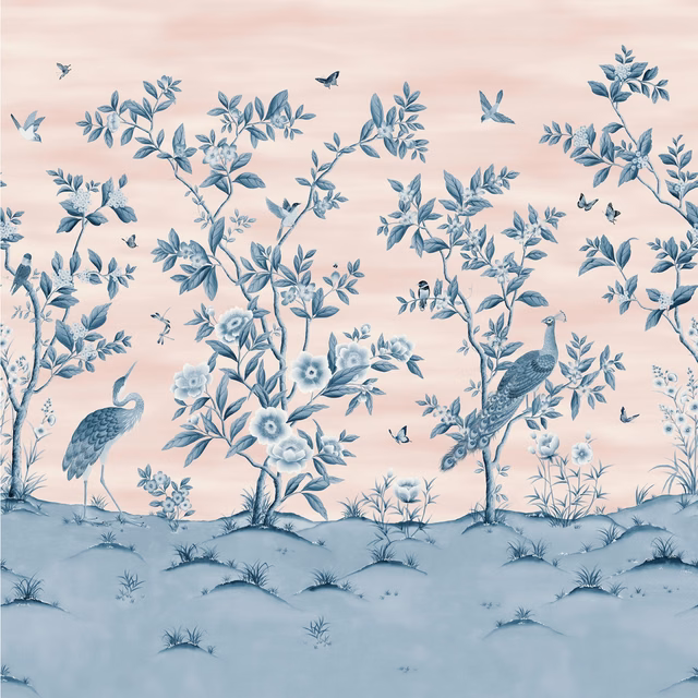 Powder pink chinoiserie wallpaper with blue cranes, peacocks and flowering branches