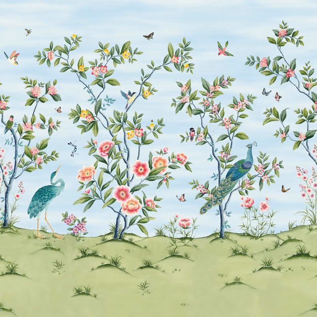 Pale blue garden wallpaper with peacocks, pink blossom, birds and green meadow