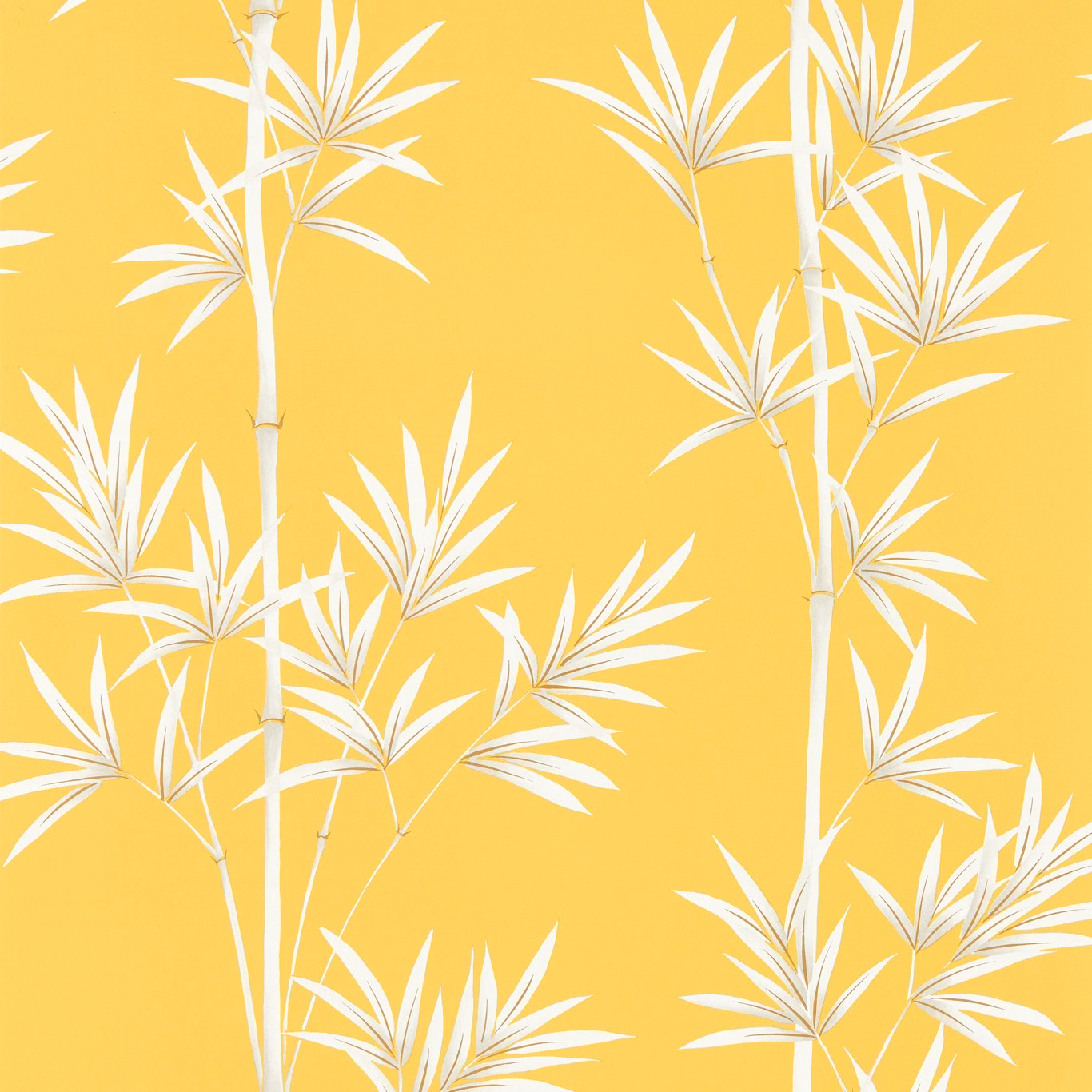 Honey-yellow wallpaper with porcelain bamboo stems and airy white leaf sprays