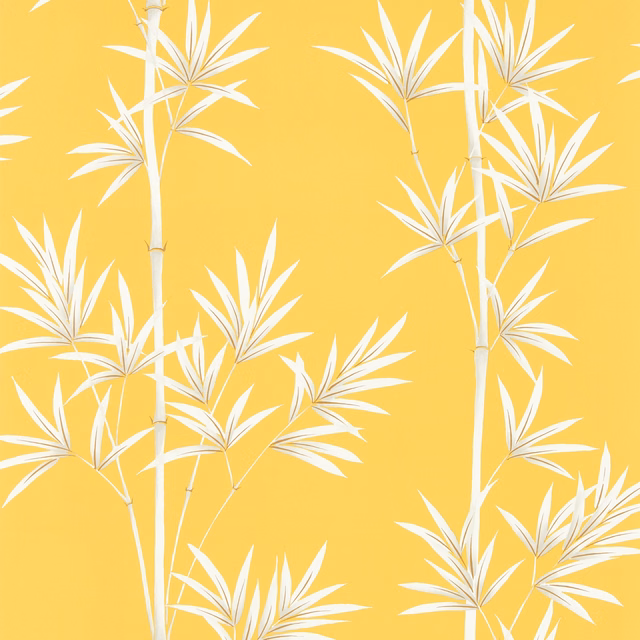 Honey-yellow wallpaper with porcelain bamboo stems and airy white leaf sprays