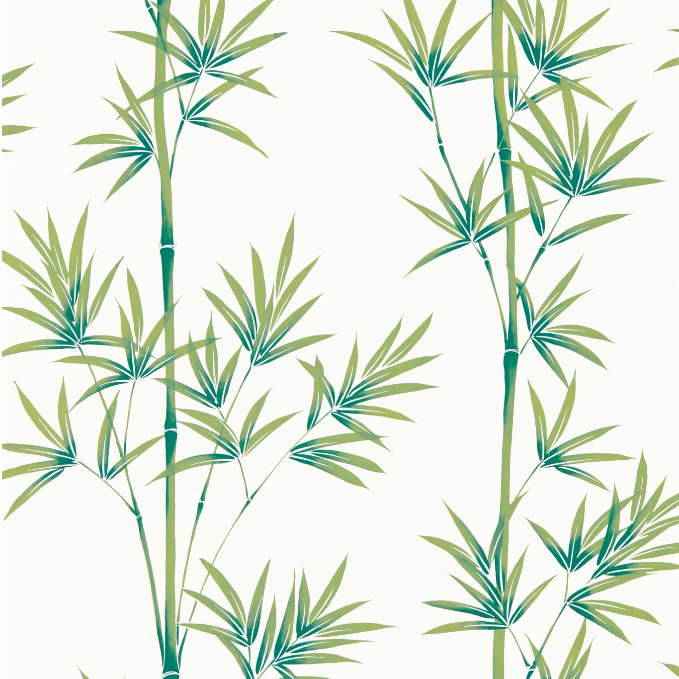 Porcelain wallpaper with tall teal and olive green bamboo stems and pointed leaves
