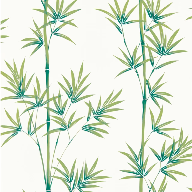Porcelain wallpaper with tall teal and olive green bamboo stems and pointed leaves