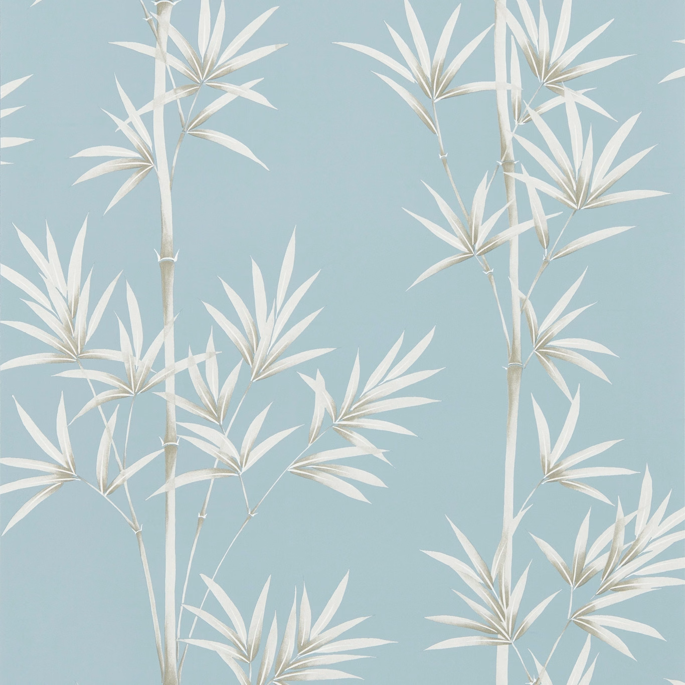 Cool sky blue wallpaper with porcelain bamboo stems and pointed leafy sprays