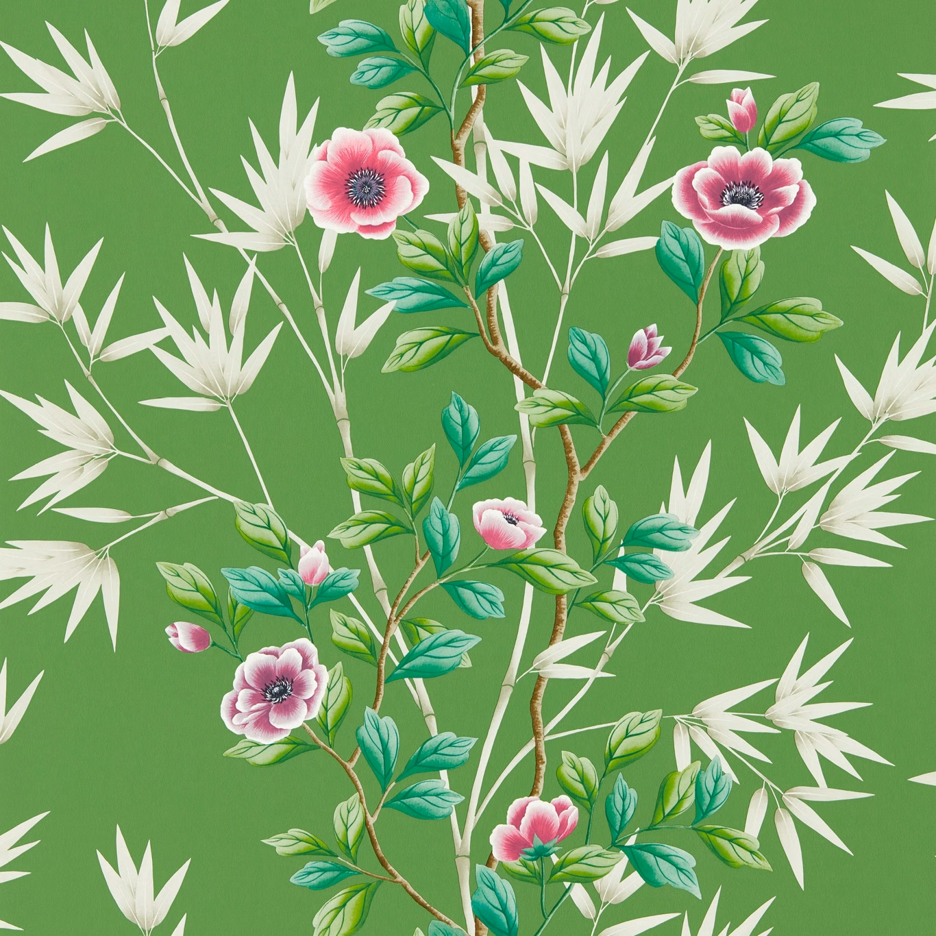 Apple-green wallpaper with white bamboo leaves and magenta-pink blossoms