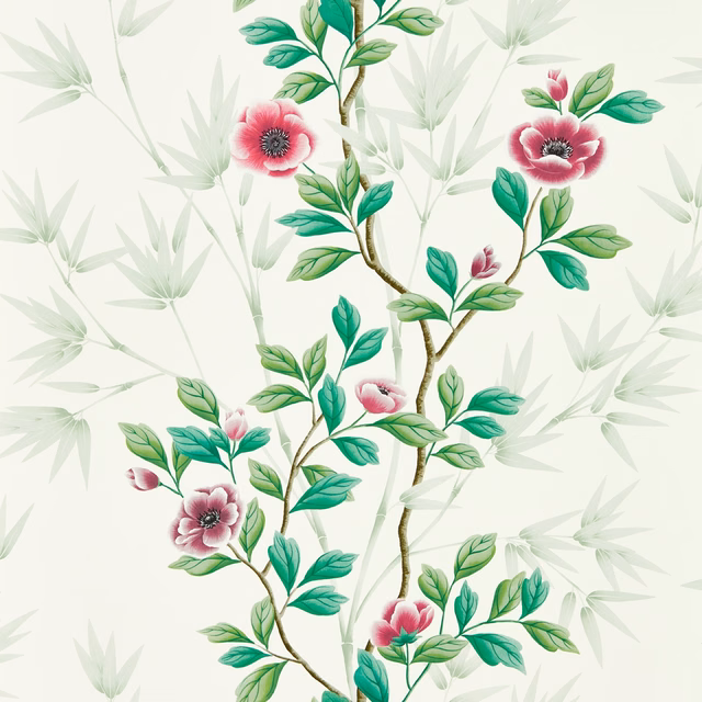 Cream wallpaper with magenta blossoms, emerald leaves and pale sage bamboo-like foliage