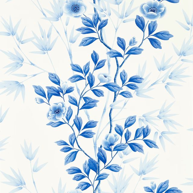 Porcelain wallpaper with China-blue flowering branches and pale blue bamboo silhouettes