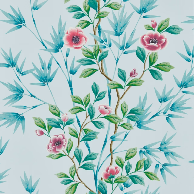 Sky-blue wallpaper with teal bamboo, magenta blossoms and layered green leaves