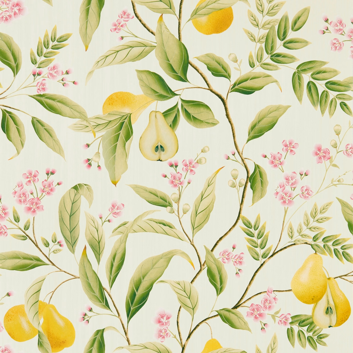 Cream botanical wallpaper with green leaves, honey fruit and pink blossom