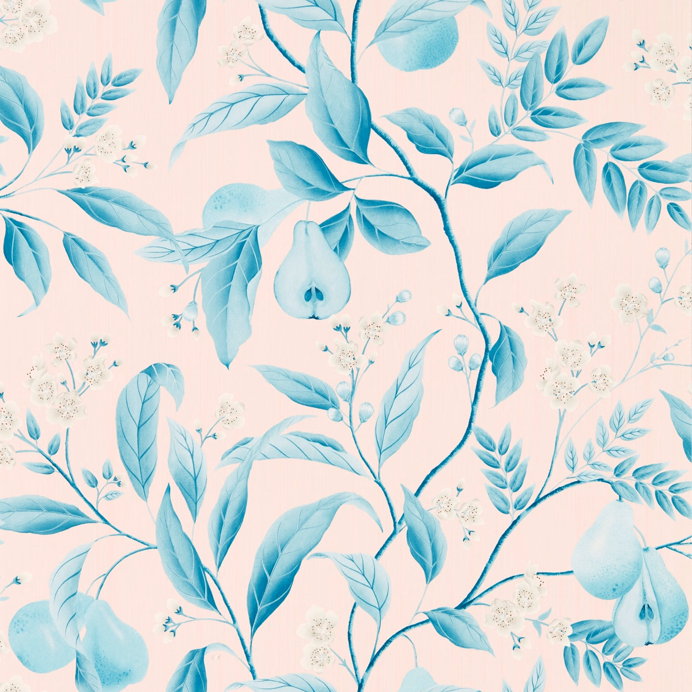 Blush pink wallpaper with layered lagoon leaves, pear fruit and delicate white blossom
