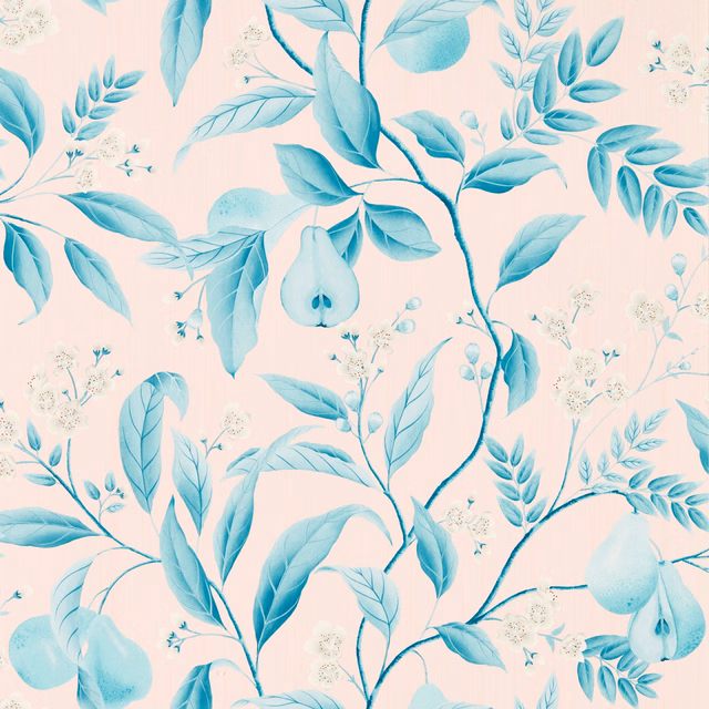 Blush pink wallpaper with layered lagoon leaves, pear fruit and delicate white blossom