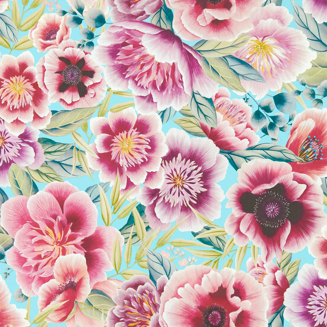 Aqua wallpaper with oversized peony blooms, magenta centres and pale leafy stems