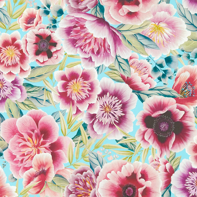 Aqua wallpaper with oversized peony blooms, magenta centres and pale leafy stems