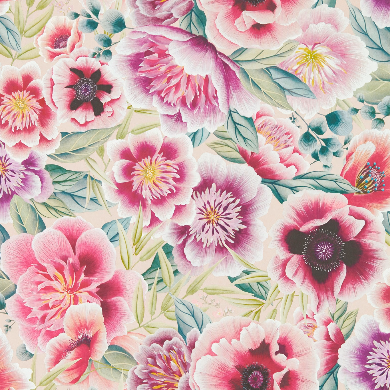 Powder floral wallpaper with peony pink blooms, magenta centres and teal leaves