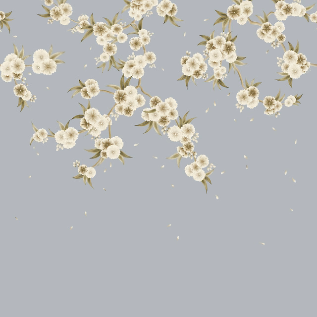 Feather-grey wallpaper with cascading cream blossom clusters and muted olive stems