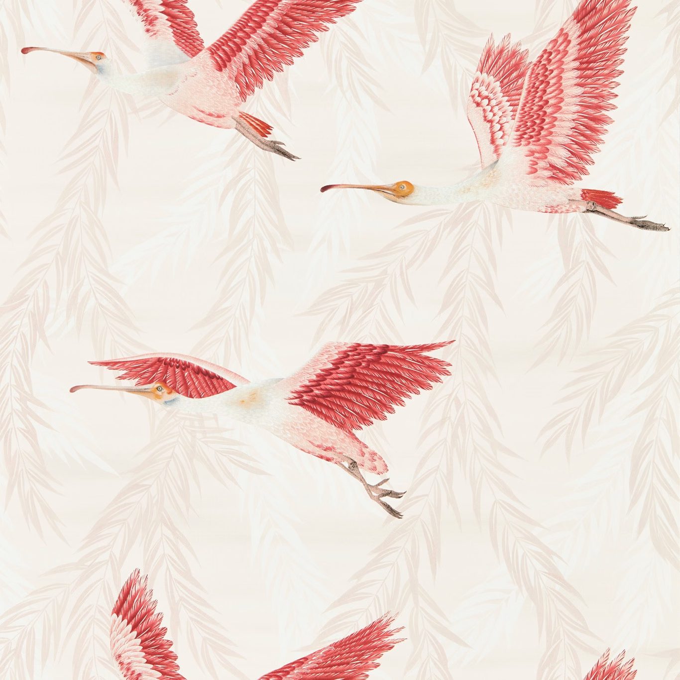 Blush crane wallpaper with raspberry wings and pale leafy foliage on cream