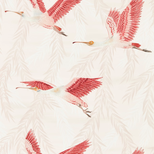 Blush crane wallpaper with raspberry wings and pale leafy foliage on cream