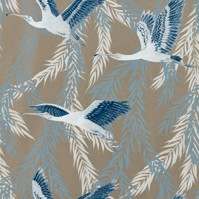 Taupe wallpaper with ivory flying birds, ink-blue wings and layered botanical foliage