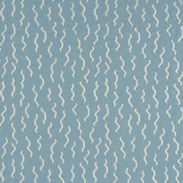Muted Aegean blue-grey fabric with closely spaced ivory undulating vertical lines