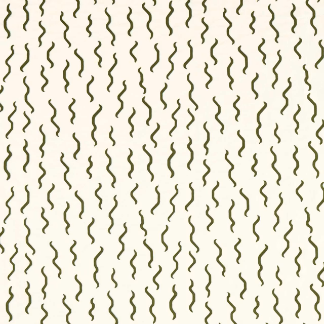 Bisque cream fabric with repeated olive-green vertical squiggle lines