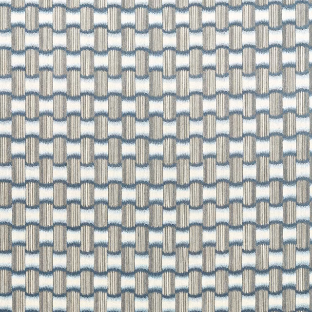 Pale blue-grey woven geometric loops over an ivory ribbed ground