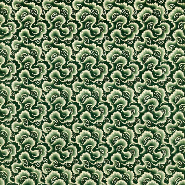 Deep matcha green velvet with dense cream-edged scrolling floral motifs