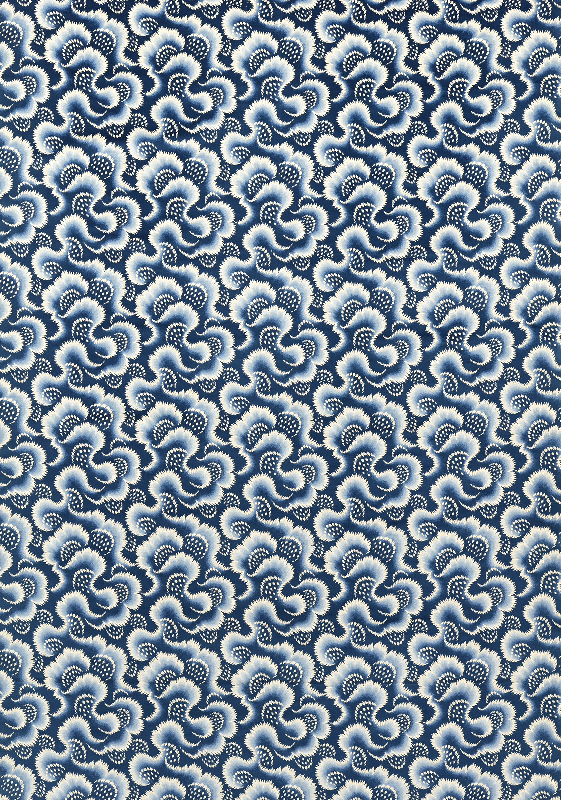 Deep Pacific blue velvet with cream-edged, densely packed curling floral motifs