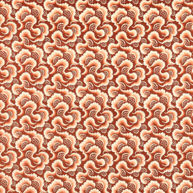Warm rosewood velvet with cream scalloped floral motifs and plush highlights