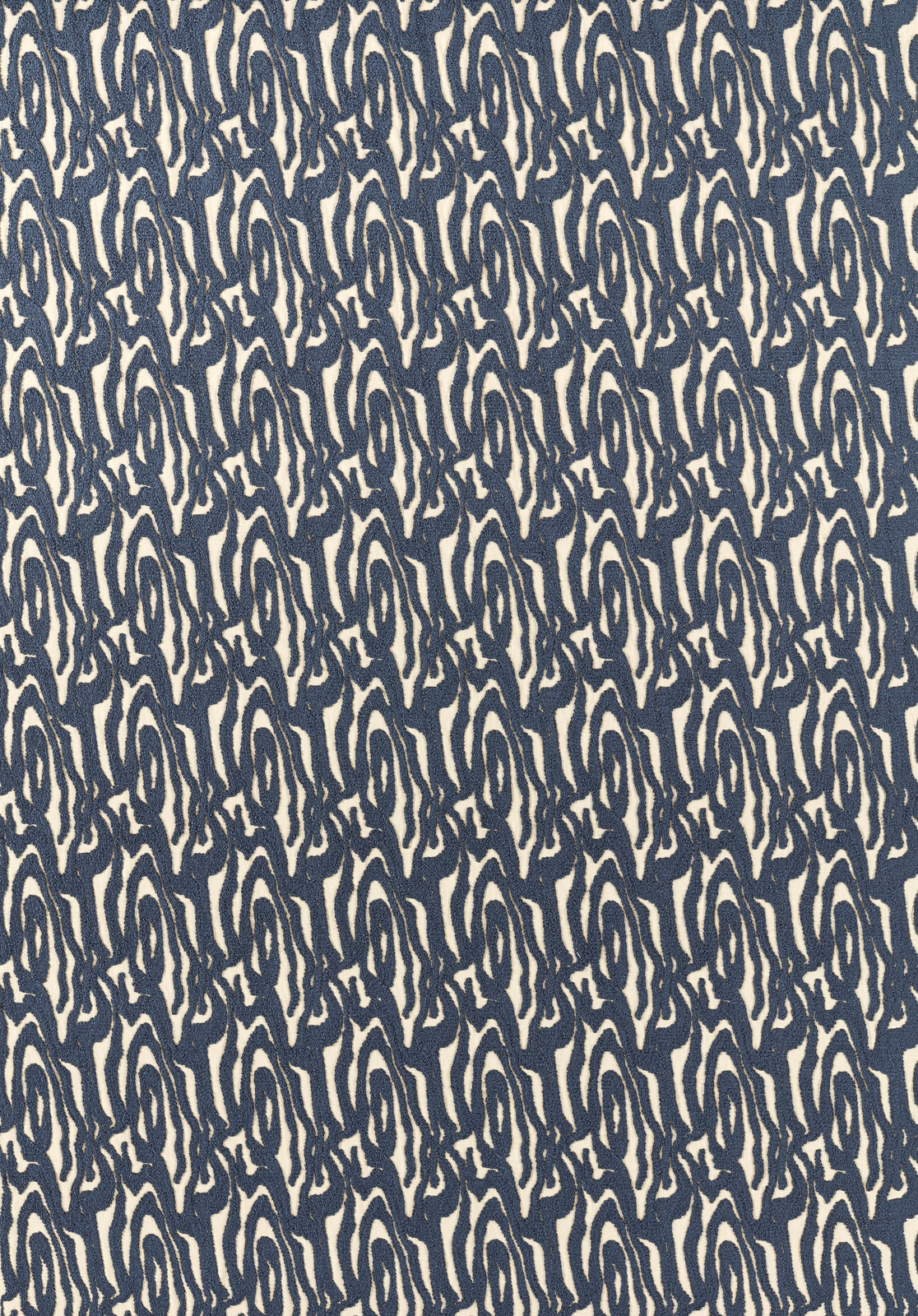 Ink-blue and ivory abstract wave motifs in a dense woven upholstery fabric