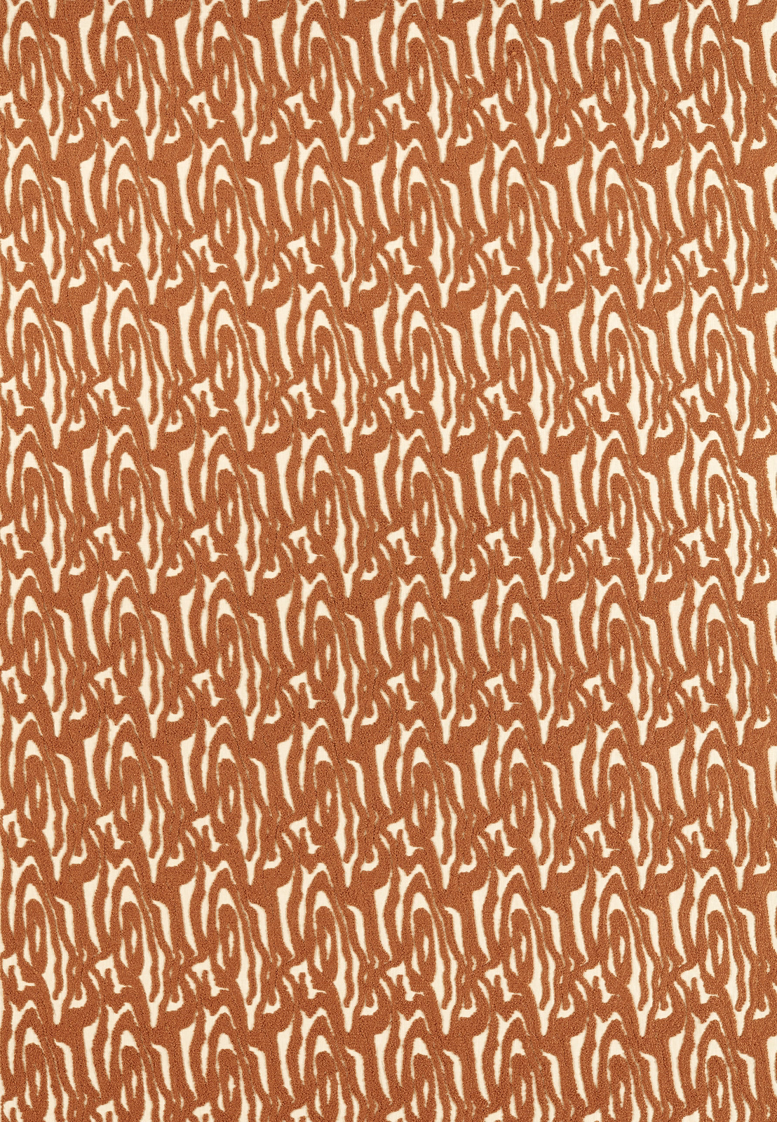 Rust terracotta looping strokes densely woven across a warm cream fabric ground