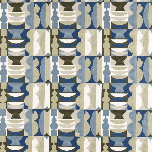Muted Atlantic blue, olive and cream geometric woven textile with repeated arch motifs