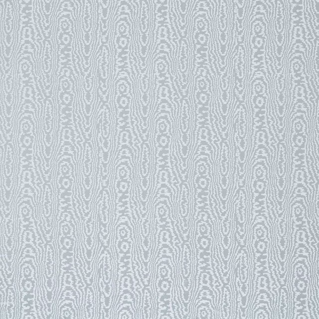 Pale blue-grey moiré fabric with white rippling stripes and oval motifs