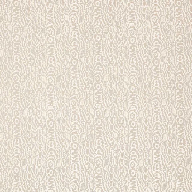 Pale limestone beige moiré fabric with wavering vertical lines and small oval motifs