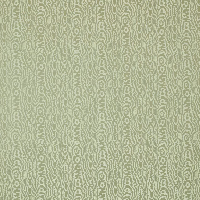 Muted moss green fabric with pale vertical moire lines and oval motifs