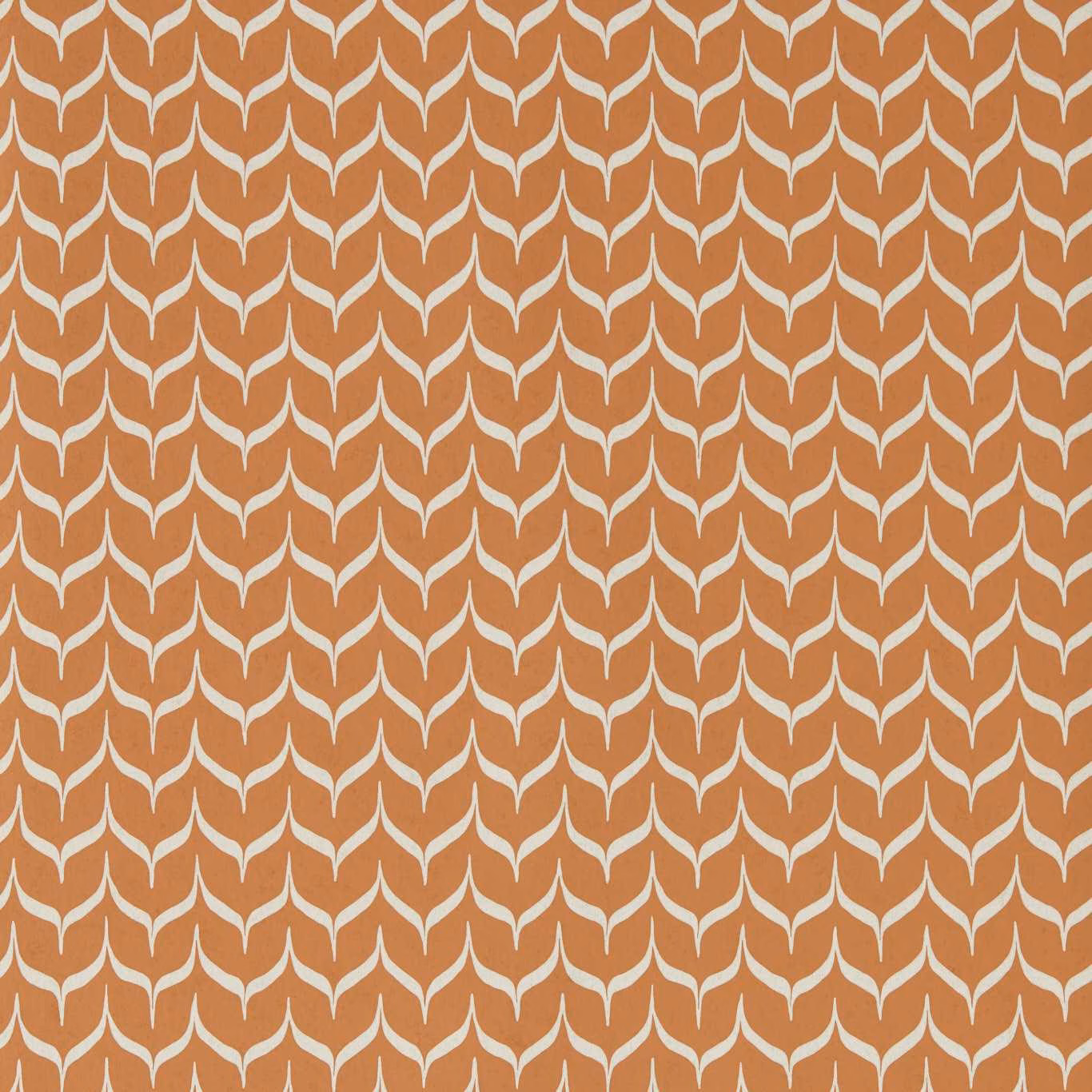 Warm terracotta wallpaper with repeating cream leaf-like arches in a close geometric layout