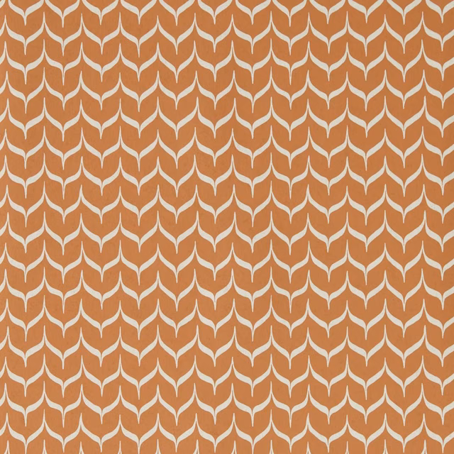 Warm terracotta wallpaper with repeating cream leaf-like arches in a close geometric layout